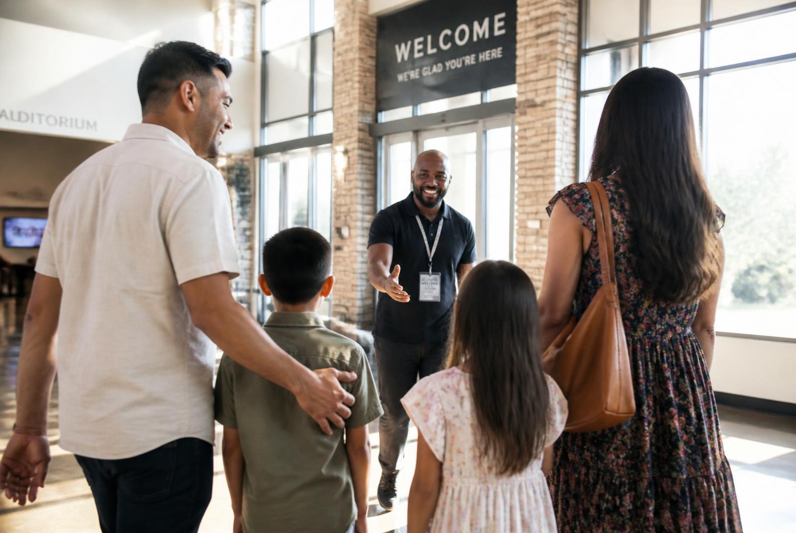A family being welcomed into the church lobby